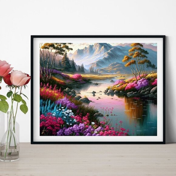 NobleCaptures Other - 8x10 Colorful Floral Landscape with Mountains Oil Painting Art Print